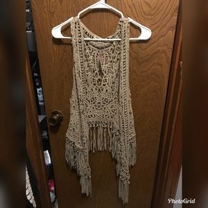 NWT Taupe Crochet Vest w/ Fringe